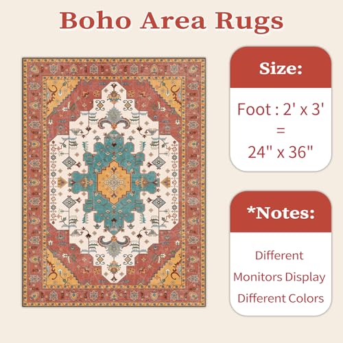 SERISSA Boho Rugs for Entryway, 2x3 Orange Entryway Rug Non-Slip Washable Small Area Rug, Ultra Soft Oriental Vintage Low-Pile Indoor Door Mat Floor Carpet for Entrance Bedroom Kitchen Bathroom