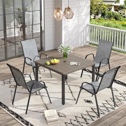 Image of VICLLAX Patio Dining Set for 4, All Weather 5-Piece Patio Set-40.2 inch Square Outdoor Table and 4 Stackable Chairs for Lawn Garden and Backyard,Grey Wood Grain Tabletop