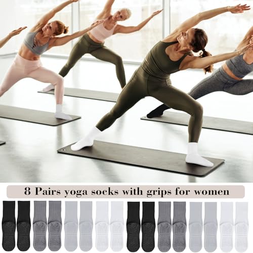 Beieverluck 8 Pairs Pilates Socks with Grips for Women Non Slip Yoga Socks Pure Barre Socks4