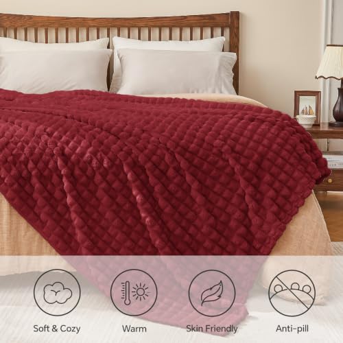 Image of BEDELITE 3D Checked Burgundy Fleece Throw Blanket for Couch, 50x60 Inches