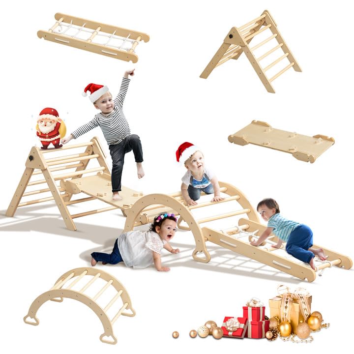 Image of DEYGIA 8 in 1 Montessori Climbing Set, Wooden Pikler Triangle Set for Kids, Foldable Toddler Climbing Toys with Pikler Triangle, Ramp, Arch, Ladder -Wood