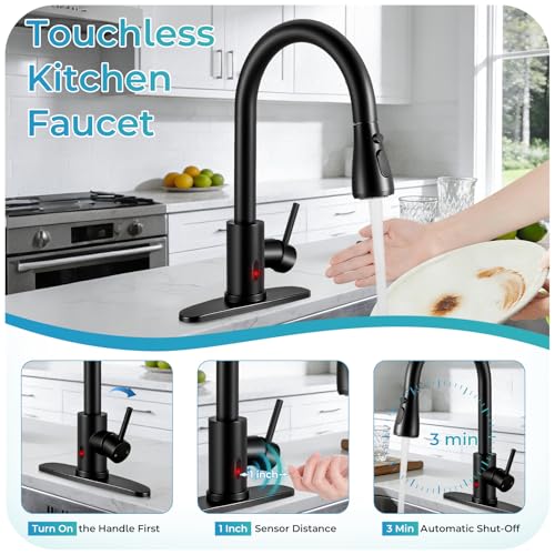 Image of Touchless Kitchen Faucet with Pull Down Sprayer - Matte Black Single Handle Kitchen Faucets, High Arc Stainless Steel Pull Out Kitchen Sink Faucet with Deck for RV Laundry Farmhouse Bar