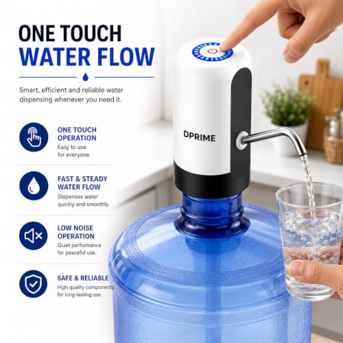 Image of DPrime Electric Water Dispenser Pump for 10L, 15L & 20 Litre Bottle | USB Rechargeable 800mAh | Stainless Steel Nozzle, Food-Grade Hose | One-Touch Portable for Home, Office & Travel
