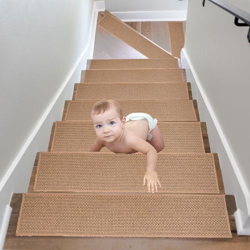 15Pcs peldaños de Escalera de Interior, 76 x 20 cm, Antideslizantes, autoadhesivos para escalones de Madera, alfombras para niños y Mascotas, de Lino Natural, Lavables a máquina.