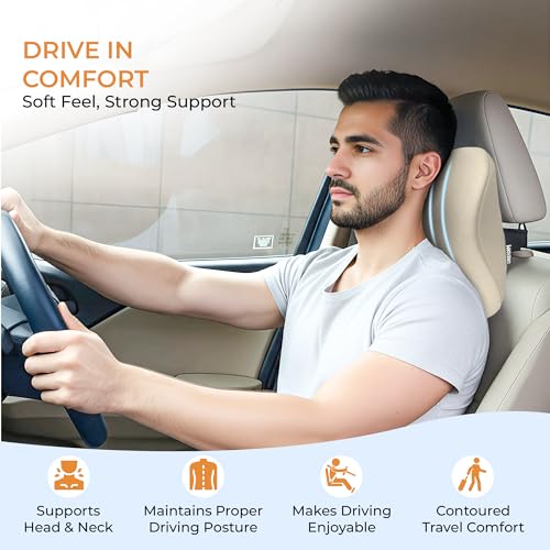 Image of CareFoam Memory Foam Car Neck Pillow for Driving Comfort - Ergonomic Headrest Cushion for Neck & Spine Support - Adjustable Strap, Breathable Washable Cover, Ideal for Long Drives | Beige Velvet