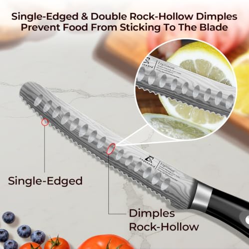 Image of CoquusAid 5 inch Kitchen Utility Knife, Serrated Blade Tomato Knife | Ultra Sharp Paring knives, Round Tip, Ergonomic Handle, Full Tang - Forged High Carbon German Steel, Ideal for Gift (Black)