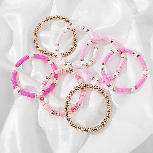 Summer Surfer Heishi Bracelet Set for Women Stackable Gold Clay Ploymer Bead Stretch Pink Beach Layering Bracelets Jewelry3