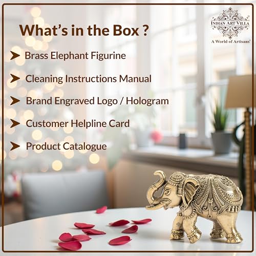 Image of INDIAN ART VILLA Brass Elephant Figurine, 2 Inch Handcrafted Decorative Showpiece, Idol for Home, Office, Pooja Room, Vastu, Gifting & Good Luck Charm