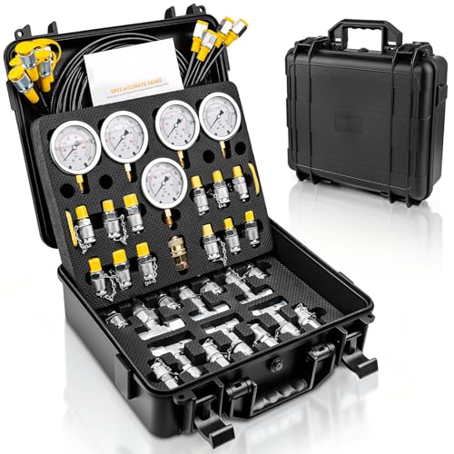 Hydraulic Pressure Test Kit, 5 Gauges 10–600 Bar/150–10 000 PSI, 13 Test Couplings 14 Tee Connectors 5 Hoses, Hydraulic Test Gauge Kit in Case for Excavator Construction Machinery Pressure Tester