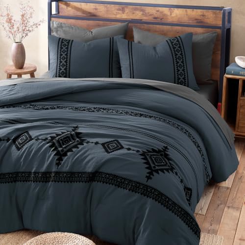 Image of MaiReve Embroidery Full Size Comforter Set 7 Pieces Blue Grey Bed in a Bag
