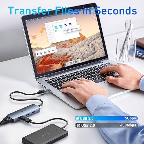 BENFEI USB-C USB 3.0 to Gigabit Ethernet Adapter, 3-Port USB 3.0 Hub with RJ45 Compatible with MacBook Pro/Air 2023, iPad Pro, iMac, S23, XPS 17, Surface Book 3 and More — view 4