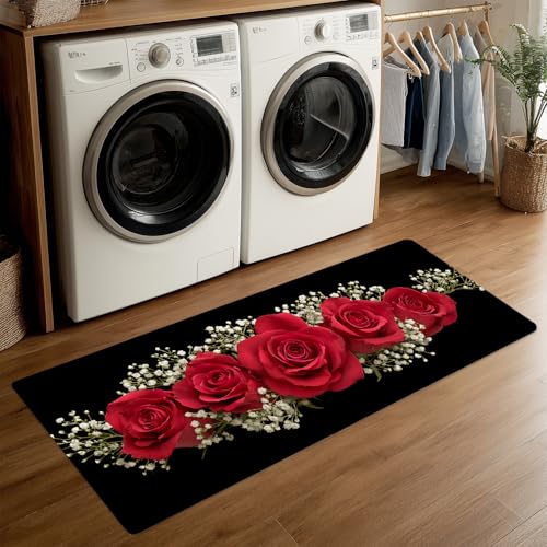 ANNA QUEEN Red Rose Bouquet Valentine's Day Laundry Room Rug 20x47 Inch – Elegant Floral Non Slip Runner Mat for Kitchen, Laundry and Romantic Home Decor