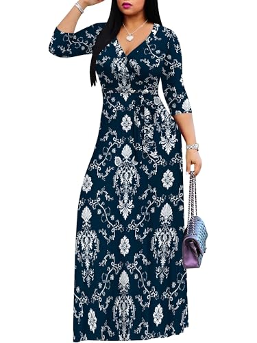 Image of Women's V Neck Floral Maxi Dress 3 /4 Sleeve Plus Size Boho Wrap Flowy Long Dresses with Belt