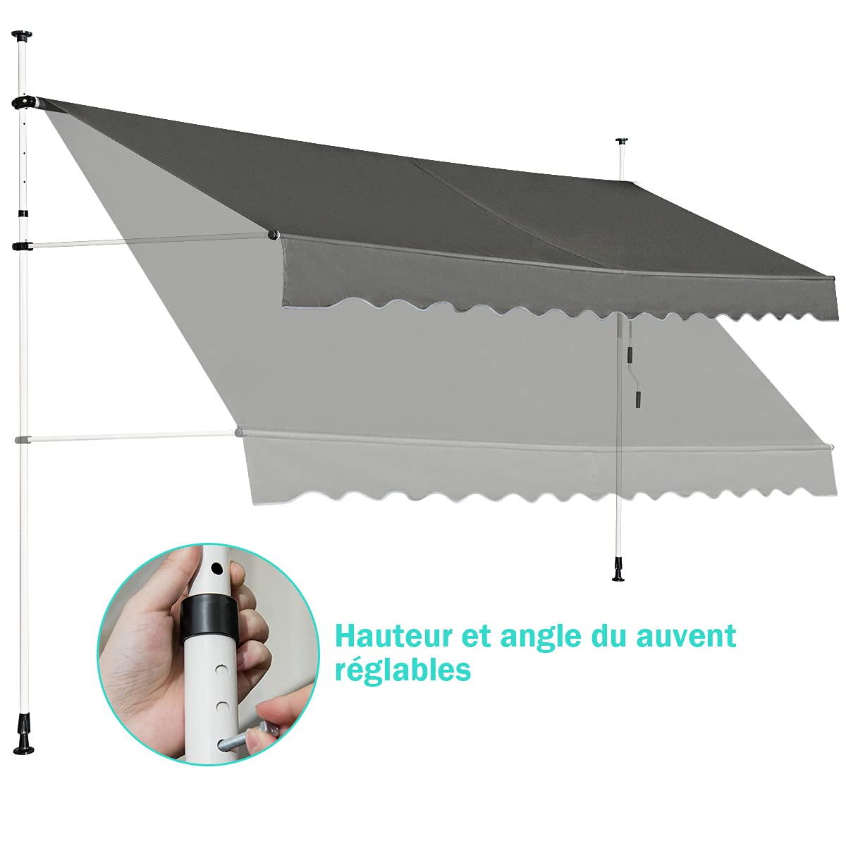 DREAMADE Auvent Rétractable Manuel avec Manivelle, Store Banne avec Tige de Support Réglable en Hauteur, Résistant au Solaire, pour Balcon, Cour, Terrasse de Café, d’Hôtel, de Magasin (Gris, 4M)