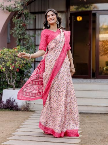Image of SIRIL Women's Cotton Printed Saree with Unstitched Blouse Piece