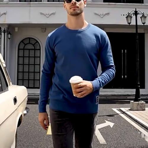 Men's Autumn and Winter Sweater Cotton Round Neck Knitted Long Sleeve Pullover Basic Solid Color Slim Fit Top,Navy Blue,XXL2