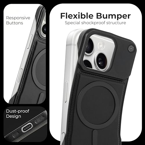 Image of Frameless Metal Case Compatible with MagSafe Luxury Aluminum Frame with PU Leather Finish Magnetic Ring with Wireless Charging Shockproof Premium Slim Case (Black, iPhone 14 PRO MAX)