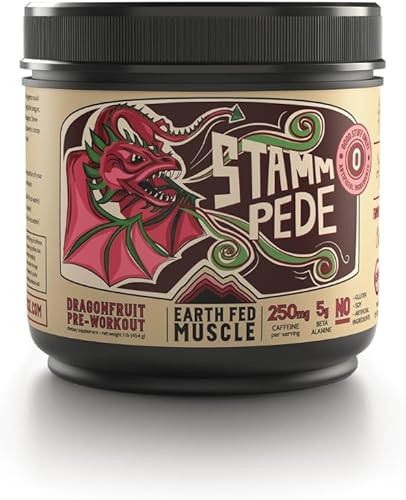 Earth Fed Muscle Stammpede DragoFruit Punch Pre entrenamiento, 30 porciones, aumenta la energía, aumenta la resistencia y el enfoque, beta-alanina,