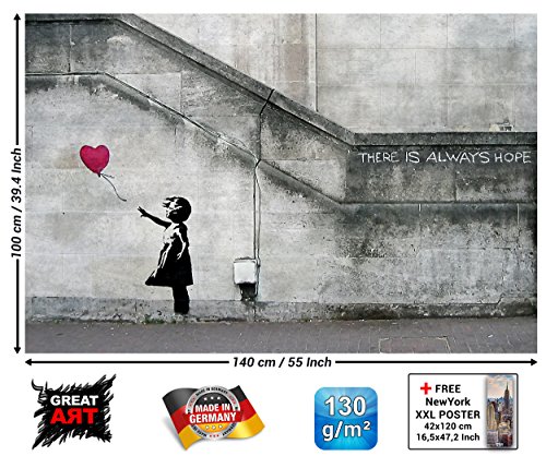 GREAT ART® XXL Poster | 140 x 100 cm | Banksy Art Balloon Girl | Wandbild Dekoration There Is Always Hope Banksy Girl Balloon Banksi Street Style Stencil Fotoposter Wanddeko
