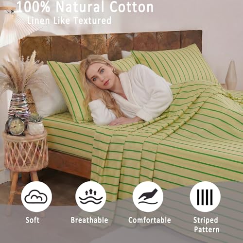 Image of Merryword 100% Cotton Sheet Set Full Size, Khaki & Green Stripes Bedding, Soft Breathable Percale Weave, Modern Minimalist, Luxury Linen Like, Deep Pocket Fitted Sheet 17.5 inch