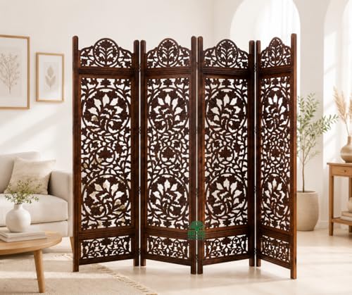 Image of Wooden Room Divider 6 Feet, 4-Panel Folding Wooden Partition for Living Room, Office, Pooja Room, Restaurant, Kitchen & Balcony (2W x 1.82H Meters). (Dark Brown)