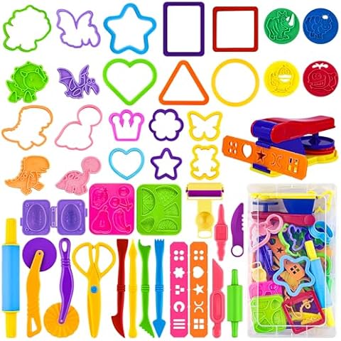 Oun Nana Playdough Accessories 44 PCS Playdough Tools Kit for Kids, Play Dough Tools Set with Scissors Cutters Rollers Rolling Pins Pasta Press Animal Dinosaur Fruit Molds Stamps Storage Box Cover
