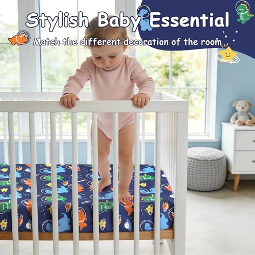 Image of JISEN Baby Crib Sheets Soft Breathable Space Dinosaurs Fitted Crib Sheets for Standard Crib and Toddler Mattress Baby Bed Sheets for Boys Girls Neutral 52x28 Inch
