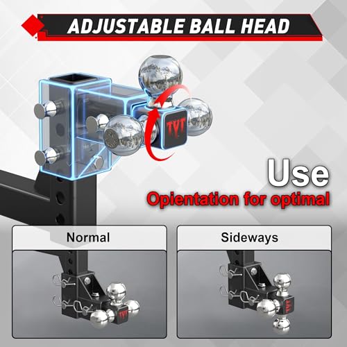 Image of TYT Adjustable Tri-Ball Trailer Hitch for 2 inch Receiver, 5 inch Drop /Rise, 1-7 /8 inch, 2 inch, 2-5 /16 inchBall with Hitch Pin Lock & Pins, 10,000 lbs GTW, 1,000 lbs TW