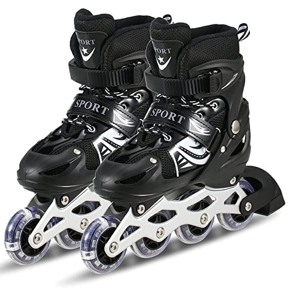 � Inline Skates with PU Flashing Wheel Aluminum Body in-Line Skates,LED Flash Light with Adjustable Length Kids Skating Shoes Multicolor (Black)