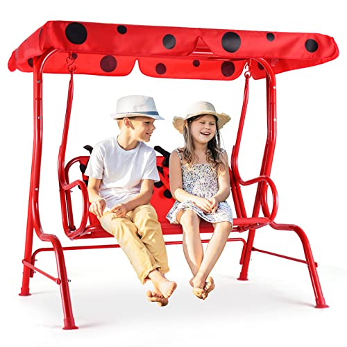 Costzon Kids Porch Swing, All-Weather Patio Swing Bench Hammock w/Adjustable Canopy & Safety Belts for 2 Children, Outdoor Swing for Backyard Garden Balcony Poolside (Red, Ladybug Pattern)