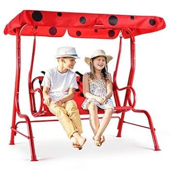 Alternative view of Costzon Patio Swing,All-Weather Porch Swing w/Safety Belt, 2 Seats Outdoor Lounge Chair Hammock w/Removable Canopy, Outdoor Swing Bench for Backyard Lawn Garden (Ladybug Pattern,Red)