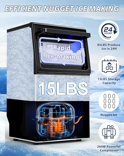Image of Commercial Nugget Ice Maker, 85Lbs /24H Pellet Chewable Ice Machine | 15Lbs Storage Bin, Self-Cleaning Stainless Steel Freestanding Ice Machine for Business, Office, Party, Kitchen