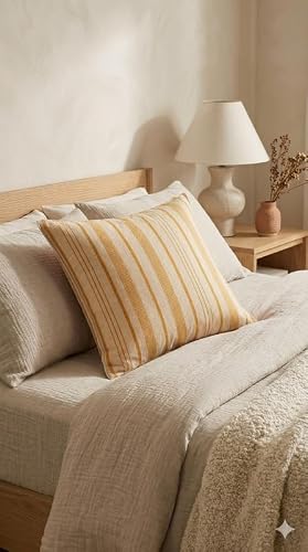 WWW.THROWPILLOW.IN Cotton Basketweave Cushion Cover Beige Striped Neutral Boho Modern Minimalist Throw Pillow for Sofa Living Room Bedroom Décor Square Sofa Cushion 18x18 Inches