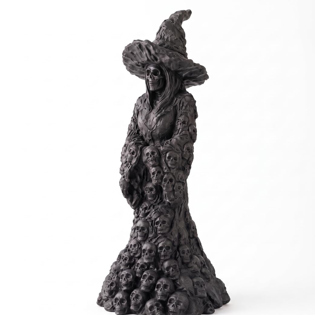Bemonew Halloween Lamp Resin Halloween Table Decor: Skeleton Witch Statue With Built-in Button Lights, Black