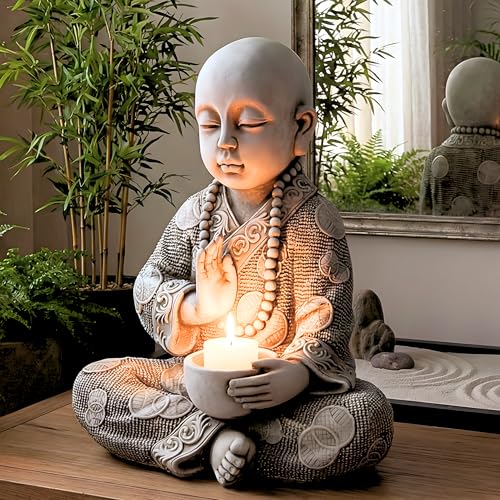 Garden Pley - Buda para Vela 37 cm (Ceniza).- Budas Grandes de Jardin y Estatuas Decorativas de Piedra para Decoracion Jardin Exterior y Espacios Zen