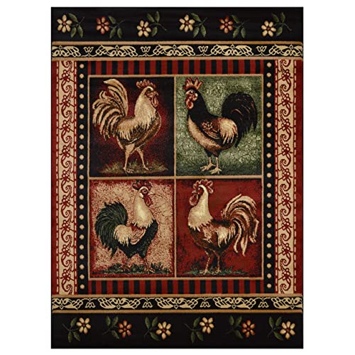 Hr-Cabin Rug–Lodge, Cabin Nature And Animals Area Rug–Modern Geometric Cabin Area Rug–Abstract,Black/Green/Red-Rooster/Flower #TOP1