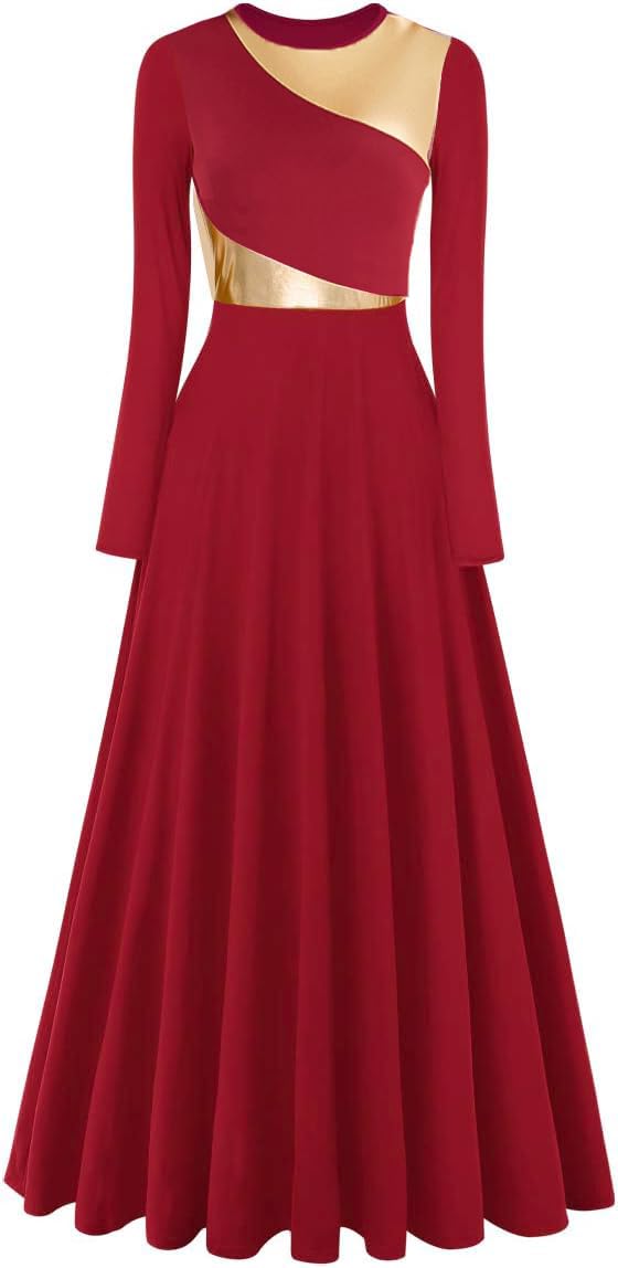Tlmnu Women's Wine Worship Liturgical Dance Dress Full Length Church Robe Modern Praise Dance Dress Lyrical Headwear, Xxl