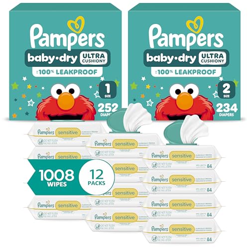 Image of Pampers Baby Dry Disposable Baby Diapers Starter Kit, Sizes 1 (252 Count) & 2 (234 Count), with Sensitive Water Based Baby Wipes 12 Flip-Top Packs (1008 Wipes Total)