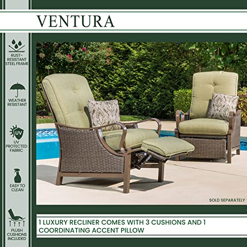 Hanover Ventura Outdoor Patio Recliner With Hand-Woven Wicker, Rust-Resistant Frames, And Thick Vintage Meadow Green Cushions, Venturarec #TOP4