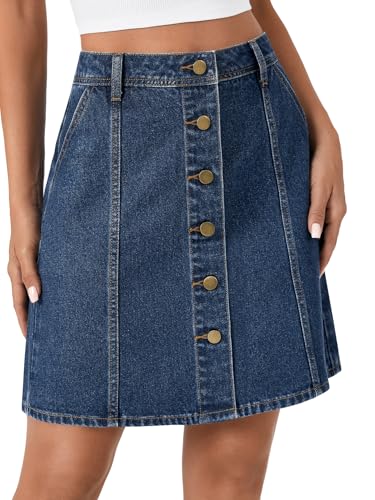 Rooscier Women's Button Down High Waisted A Line Jean Mini Denim Skirt with Pockets4