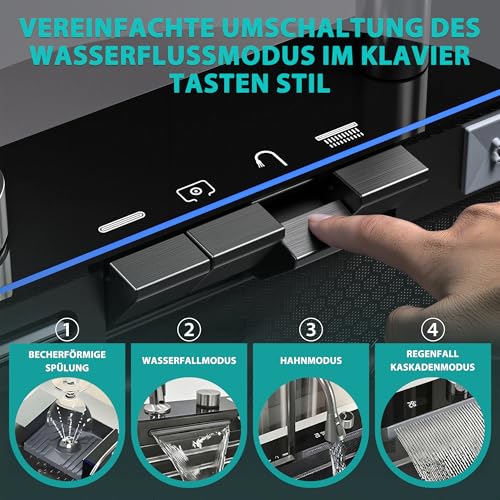 Edelstahl Spülbecken, 80 x 45 cm Küchenspüle, mit LED-Anzeige, Großvolumige Einzelwanne, Ausziehbarer Wasserfall-Wasserhahn, Überlaufvorrichtung und Ablaufgarnitur Sowie Diverses Zubehör.