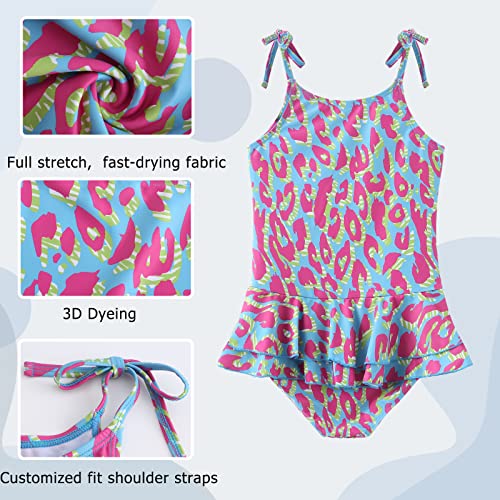 Image of Girls One Piece Swimsuits Halter Bathing Suits Summer Rose Red Leopard Print Swimwear 2-14 Years