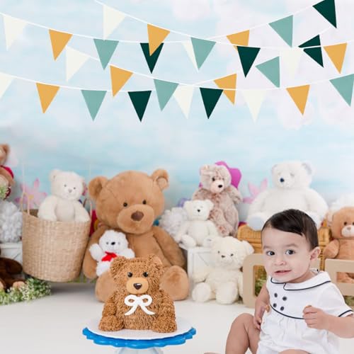Image of Zwiebeco 39Ft Dark Green Gold White Fabric Bunting Banner Triangle Flags Cotton Garland Pennant for Forest Wild One Safari Birthday Wedding Baby Shower Outdoor Garden Decorations