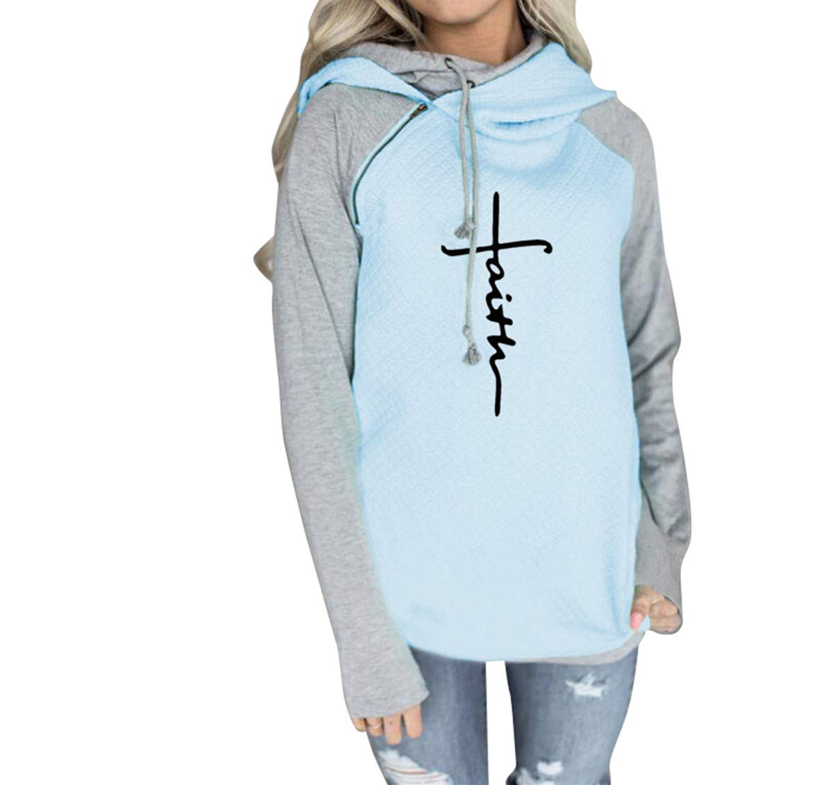 AELSON Women's Casual Patchwork Hoodies Long Sleeve Lightweight Pullover Tops Sweatshirts with Pocket X-Large 1-blue