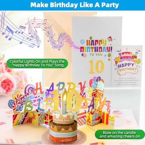 Image of Gumry 10th Pop-Up Musical Birthday Card with Blowable LED Candle for Kids