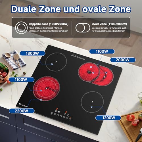 AMZCHEF steklokeramična kuhalna plošča 4 plošče 7200W, kuhalna plošča 4 kuhalne plošče 60 cm, 9 stopenj moči, dvojna/ovalna cona za žar, funkcija pavze segrevanja, kompatibilna z vsemi posodami