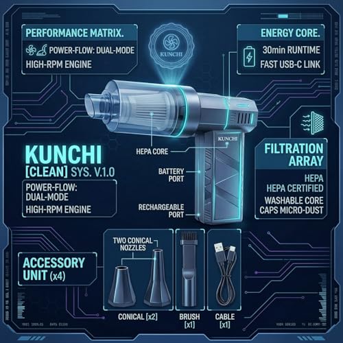 Image of KUNCHI 2-in-1 Cordless Portable Vacuum Cleaner & Air Blower | 8000mAh Rechargeable Battery | 150000 RPM Voilent Fan | High-Speed BLDC Motor | USB Type-C Charging|Car, Laptop, Sofa & Home Cleaning (X6)