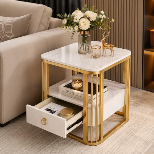 Image of Style Round End Table with Storage, Drawer 2-Tier Shelf Nightstand Gold Metal Frame Marble Look Sofa Side Coffee Table for Living Room Bedroom Balcony Patio (White Gold)
