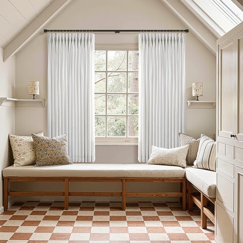 Semi Sheer Linen Curtains 72 Inches Long Neutral Country Cream Birch Flax Pleat Drapes Linen Light Filtering Pinch Pleat Curtains for Door Cabin Closet 72 Inch 2 Panels Set Boho Farmhouse Decor