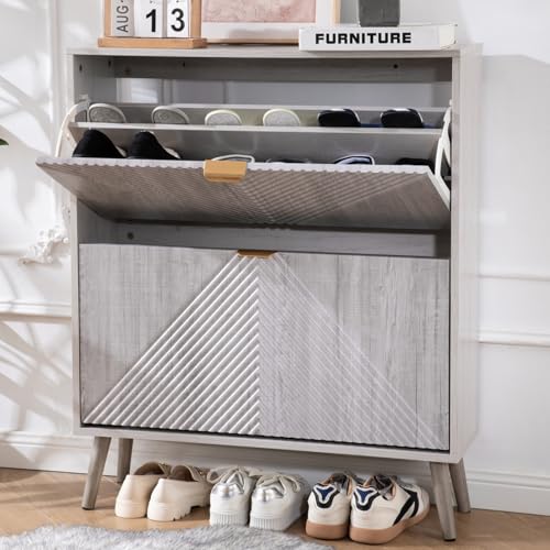 oakvivo Shoe Cabinet with 2 Flip Drawers, Freestanding Shoe Organizer with 4 Wooden feet, Modern Shoes Storage Cabinet for Entryway, Hidden Narrow Shoe Rack Cabinet for Foyer, Hallway, Mudroom, Grey